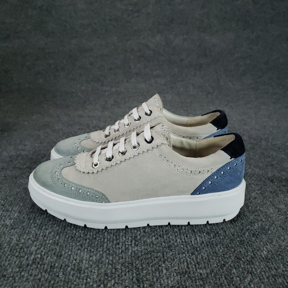 Geox Respira Shoes Womens Size 10 Beige Blue Suede Leather Platform Brogue - Picture 4 of 15